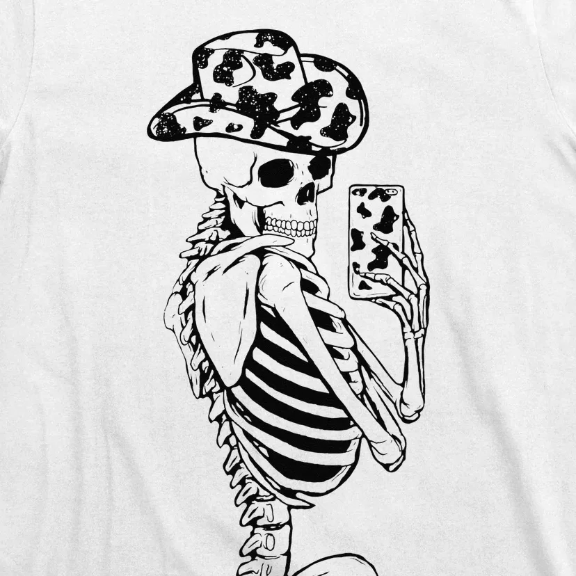 Funny Skeleton Cowgirl Selfie Cow Print Cowboy Hat Western T-Shirt