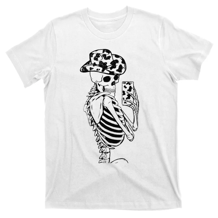 Funny Skeleton Cowgirl Selfie Cow Print Cowboy Hat Western T-Shirt