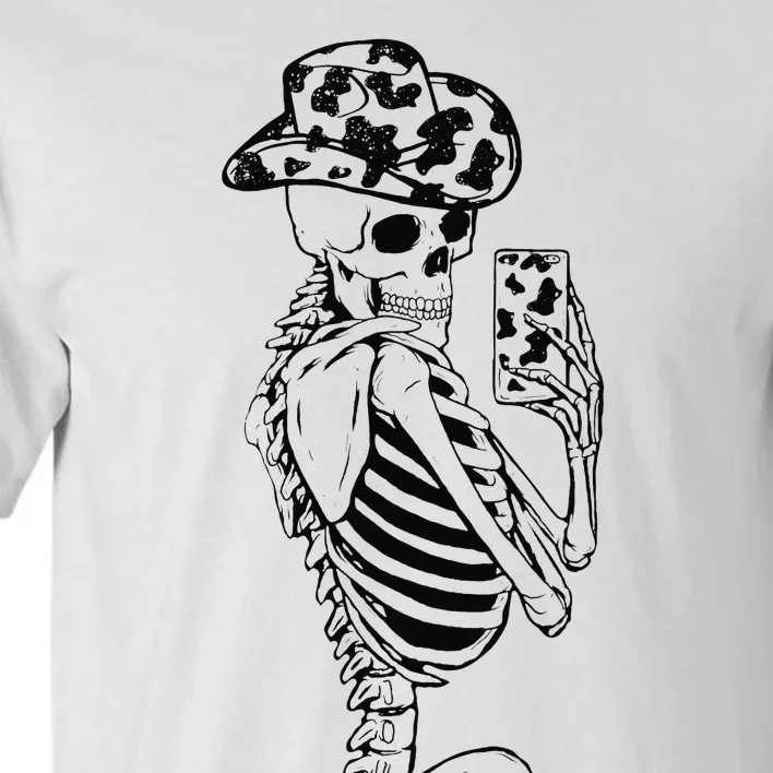 Funny Skeleton Cowgirl Selfie Cow Print Cowboy Hat Western Tall T-Shirt