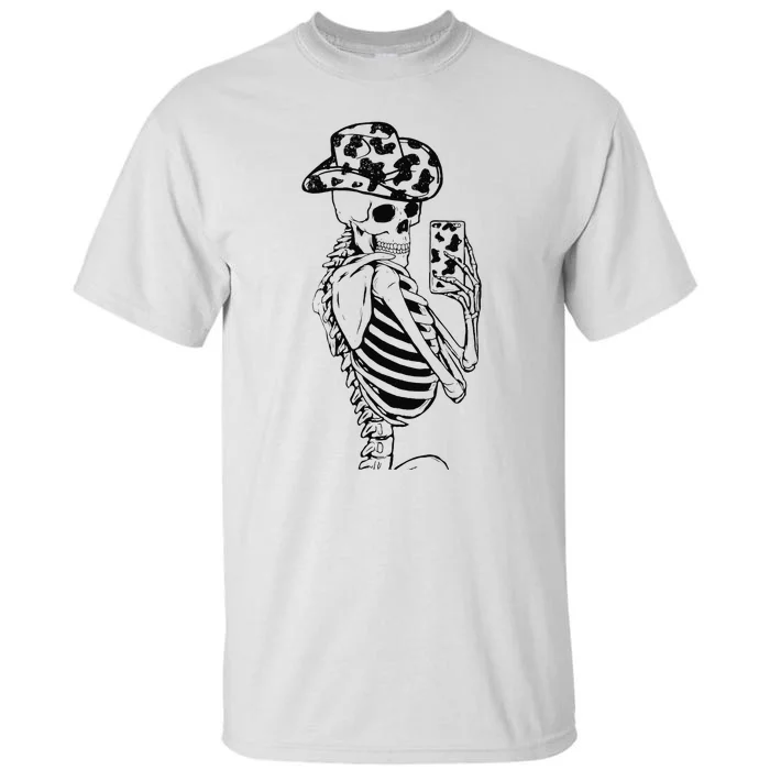 Funny Skeleton Cowgirl Selfie Cow Print Cowboy Hat Western Tall T-Shirt