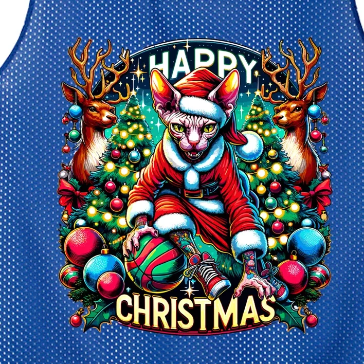 Funny Sphynx Cat Play Basketball Happy Christmas Gift Mesh Reversible Basketball Jersey Tank