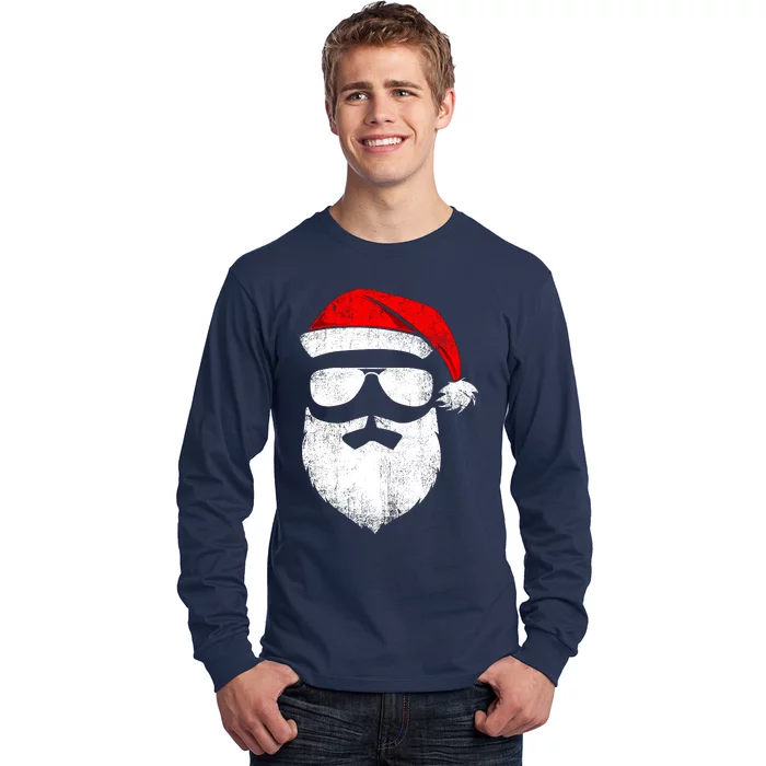 Funny Santa Claus Face Sunglasses With Hat Beard Christmas Long Sleeve Shirt