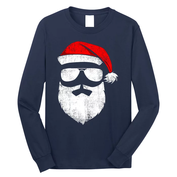 Funny Santa Claus Face Sunglasses With Hat Beard Christmas Long Sleeve Shirt