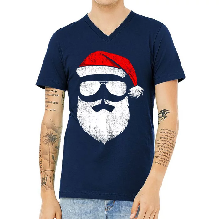 Funny Santa Claus Face Sunglasses With Hat Beard Christmas V-Neck T-Shirt