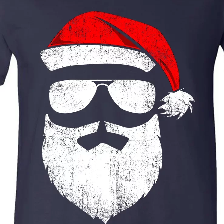 Funny Santa Claus Face Sunglasses With Hat Beard Christmas V-Neck T-Shirt