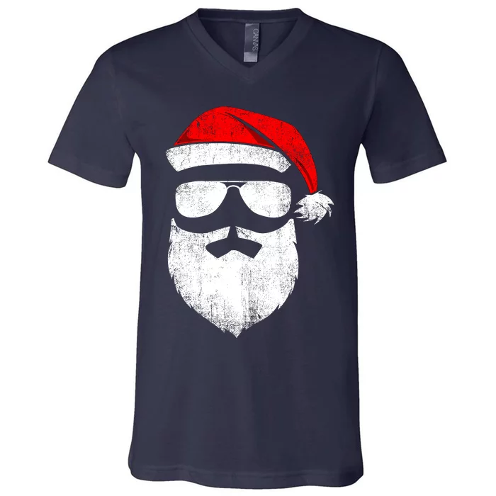 Funny Santa Claus Face Sunglasses With Hat Beard Christmas V-Neck T-Shirt