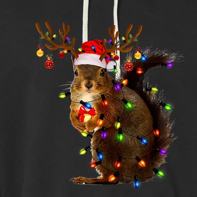 Funny Squirrel Christmas Tree Lights Reindeer Santa Hat Xmas Garment-Dyed Fleece Hoodie