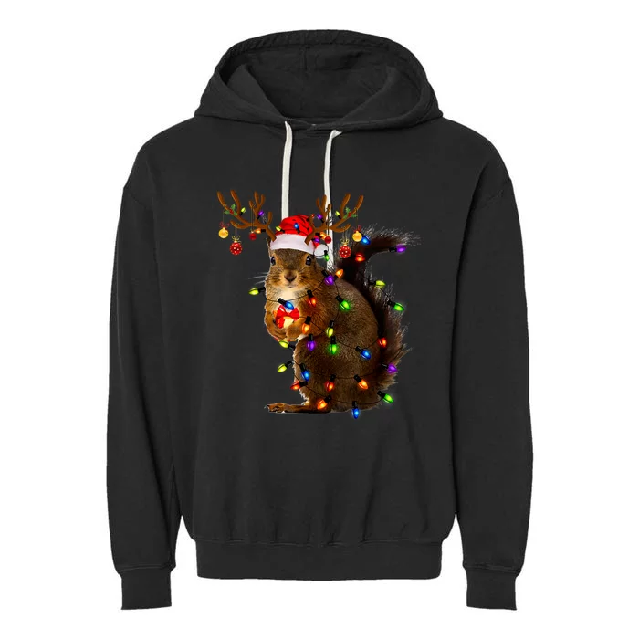 Funny Squirrel Christmas Tree Lights Reindeer Santa Hat Xmas Garment-Dyed Fleece Hoodie