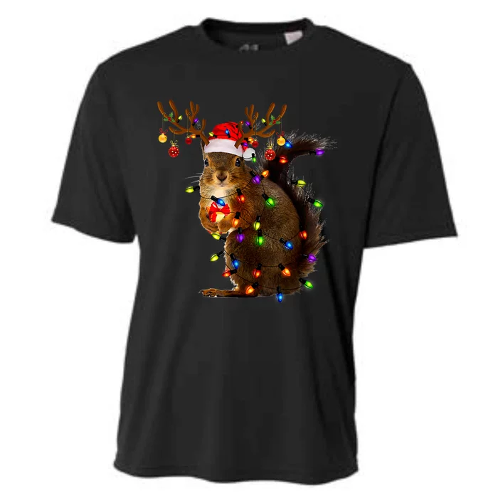 Funny Squirrel Christmas Tree Lights Reindeer Santa Hat Xmas Cooling Performance Crew T-Shirt