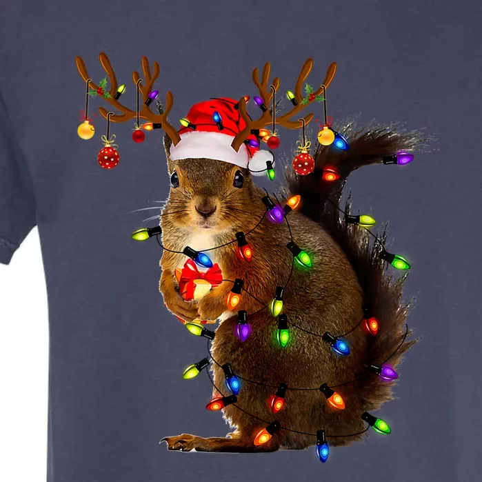 Funny Squirrel Christmas Tree Lights Reindeer Santa Hat Xmas Garment-Dyed Heavyweight T-Shirt