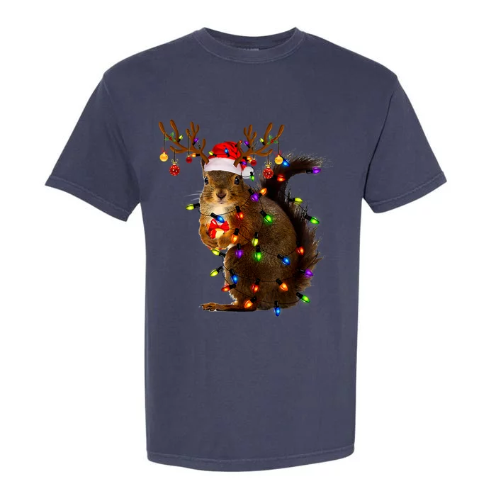 Funny Squirrel Christmas Tree Lights Reindeer Santa Hat Xmas Garment-Dyed Heavyweight T-Shirt