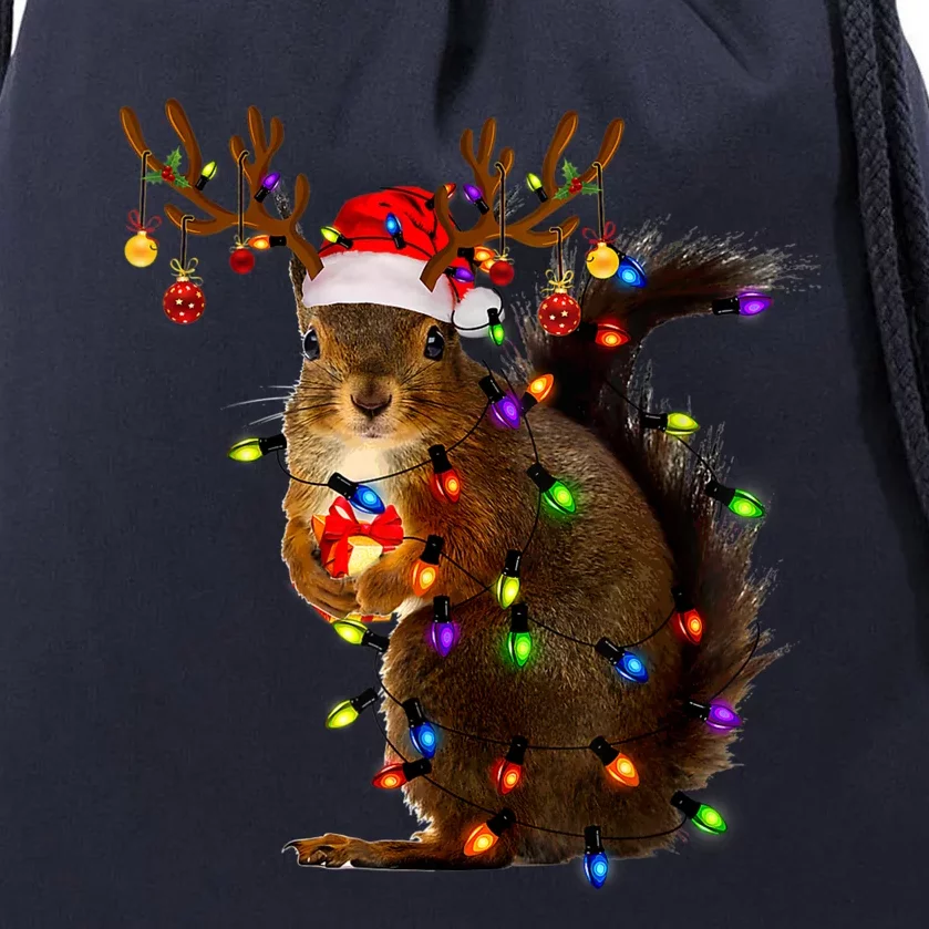 Funny Squirrel Christmas Tree Lights Reindeer Santa Hat Xmas Drawstring Bag