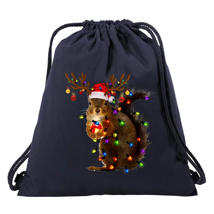 Funny Squirrel Christmas Tree Lights Reindeer Santa Hat Xmas Drawstring Bag