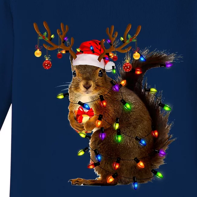 Funny Squirrel Christmas Tree Lights Reindeer Santa Hat Xmas Baby Long Sleeve Bodysuit