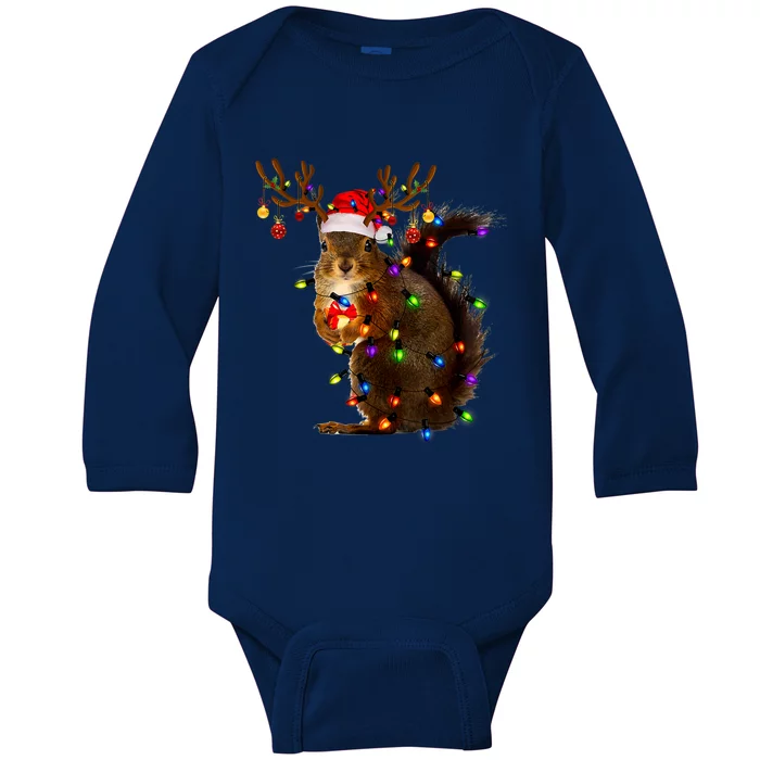 Funny Squirrel Christmas Tree Lights Reindeer Santa Hat Xmas Baby Long Sleeve Bodysuit