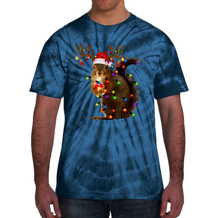 Funny Squirrel Christmas Tree Lights Reindeer Santa Hat Xmas Tie-Dye T-Shirt