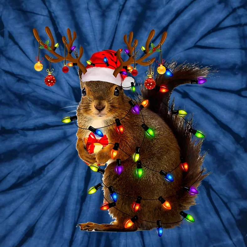 Funny Squirrel Christmas Tree Lights Reindeer Santa Hat Xmas Tie-Dye T-Shirt