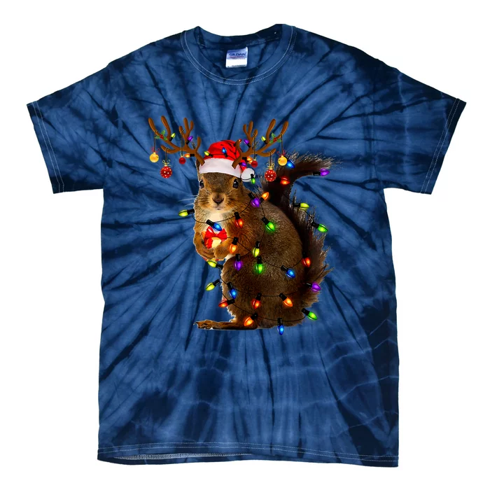 Funny Squirrel Christmas Tree Lights Reindeer Santa Hat Xmas Tie-Dye T-Shirt