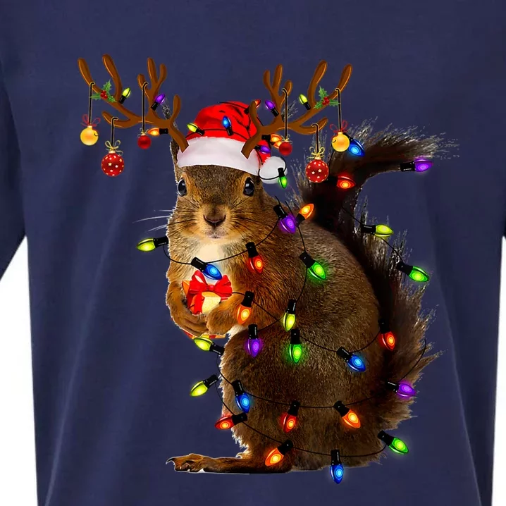 Funny Squirrel Christmas Tree Lights Reindeer Santa Hat Xmas Sueded Cloud Jersey T-Shirt