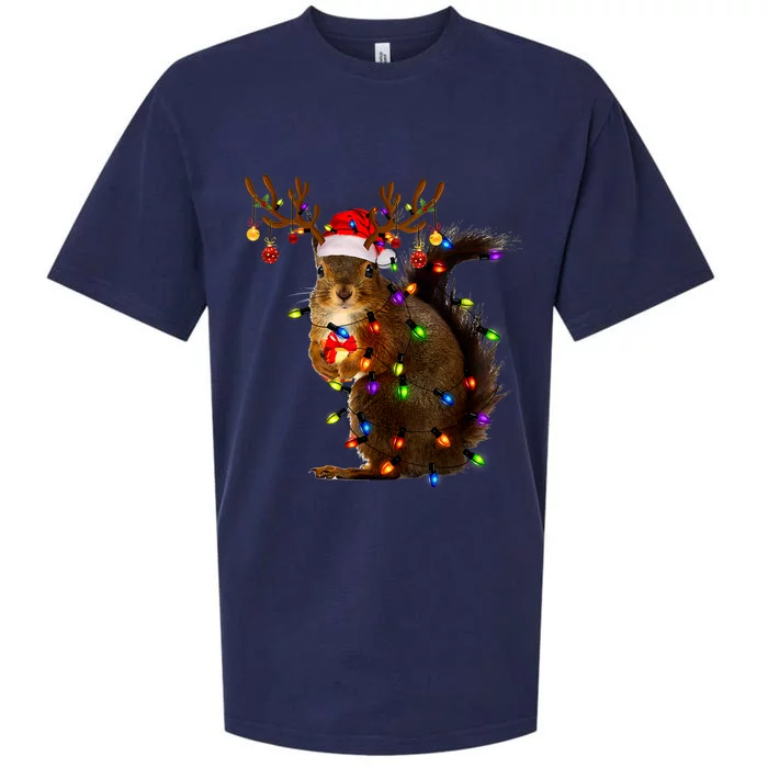 Funny Squirrel Christmas Tree Lights Reindeer Santa Hat Xmas Sueded Cloud Jersey T-Shirt