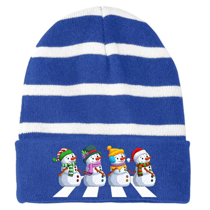 funny snowman Crossing Road Crosswalk snowmies Christmas Striped Beanie with Solid Band