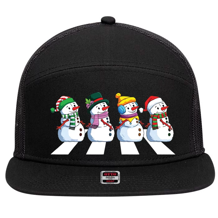 Funny Snowman Crossing Road Crosswalk Snowmies Christmas Kids 7 Panel Mesh Trucker Snapback Hat