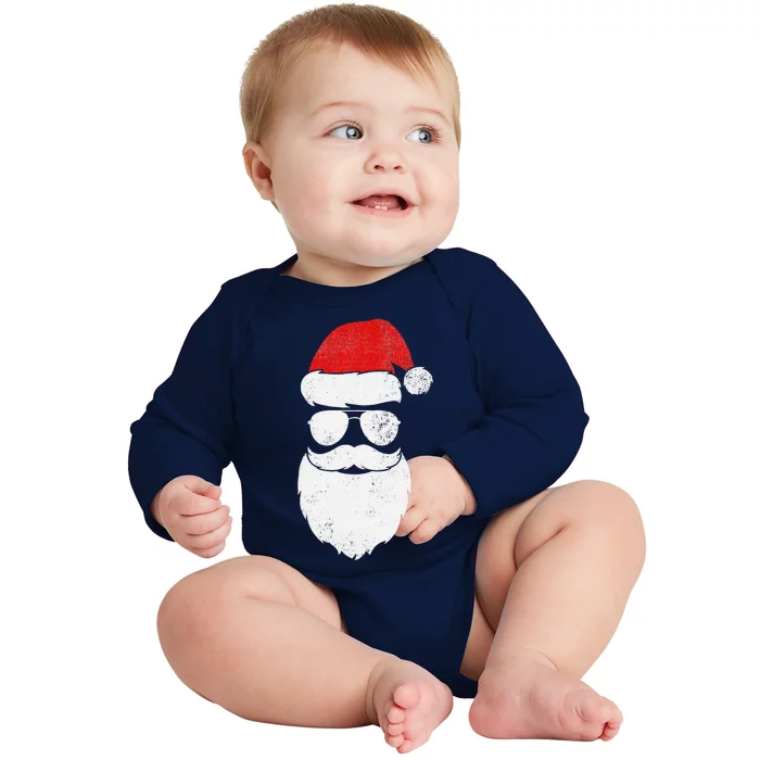 Funny Santa Claus Face Sunglasses With Hat Beard Christmas Cute Baby Long Sleeve Bodysuit