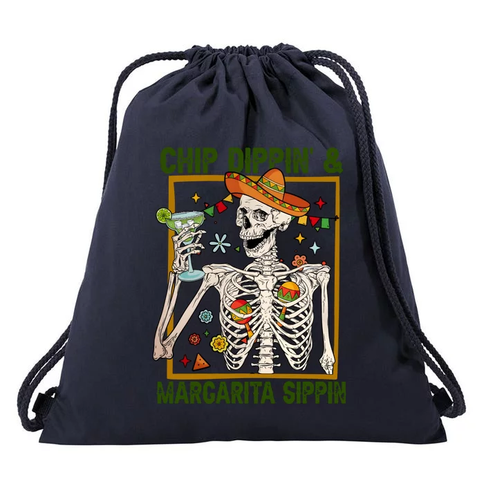 Funny Skeleton Chip Dippin And Margarita Sippin Drawstring Bag