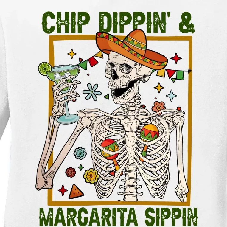 Funny Skeleton Chip Dippin And Margarita Sippin Ladies Long Sleeve Shirt