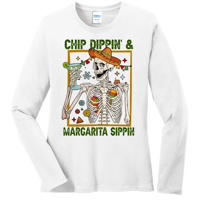 Funny Skeleton Chip Dippin And Margarita Sippin Ladies Long Sleeve Shirt