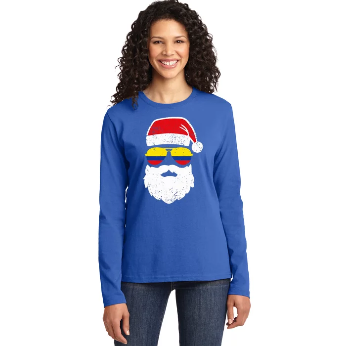 Funny Santa Claus Face Sunglasses Colombia Flag Colombian Ladies Long Sleeve Shirt