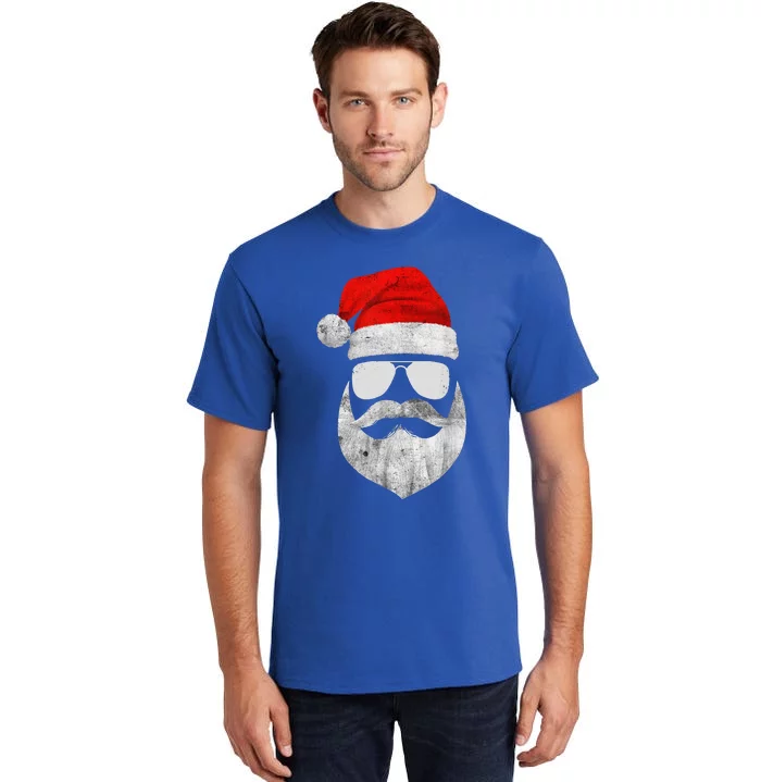 Funny Santa Claus Face Sunglasses With Hat Beard Christmas Tall T-Shirt