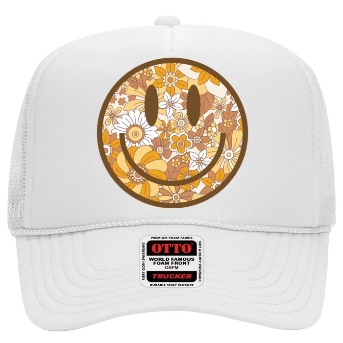 Floral Smiley Cute Gift High Crown Mesh Trucker Hat