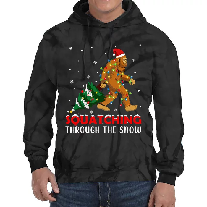 Funny Sasquatch Christmas Squatching Bigfoot Xmas Tree Light Tie Dye Hoodie