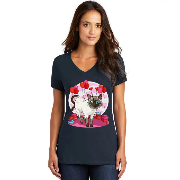 Funny Siamese Cat Heart Valentine Day Gift Women's V-Neck T-Shirt