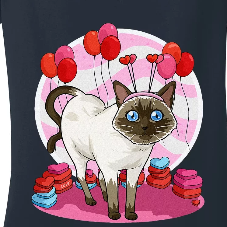 Funny Siamese Cat Heart Valentine Day Gift Women's V-Neck T-Shirt