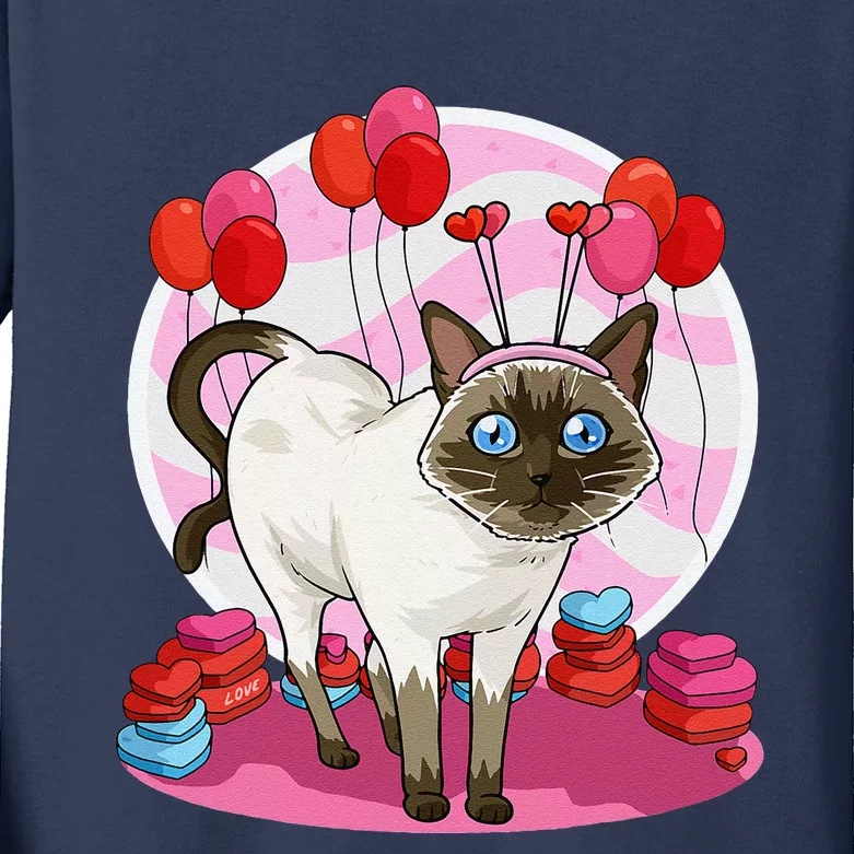 Funny Siamese Cat Heart Valentine Day Gift Kids Long Sleeve Shirt