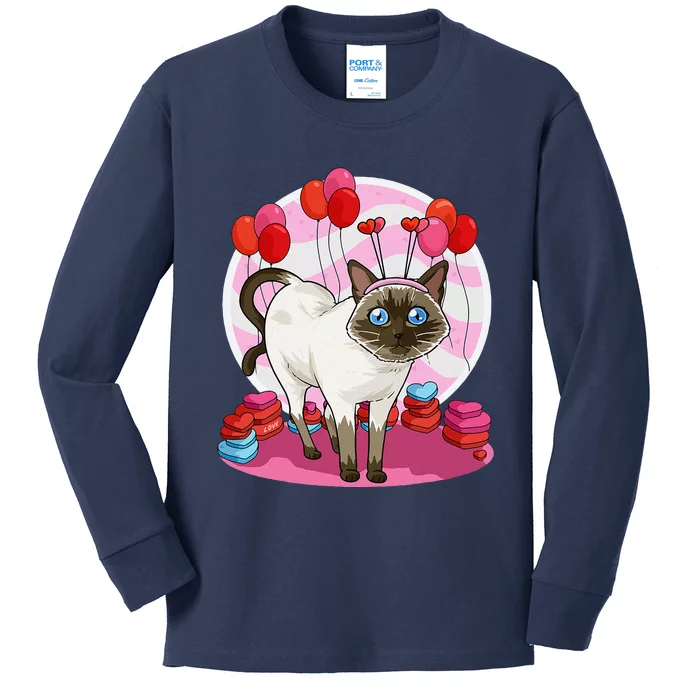 Funny Siamese Cat Heart Valentine Day Gift Kids Long Sleeve Shirt