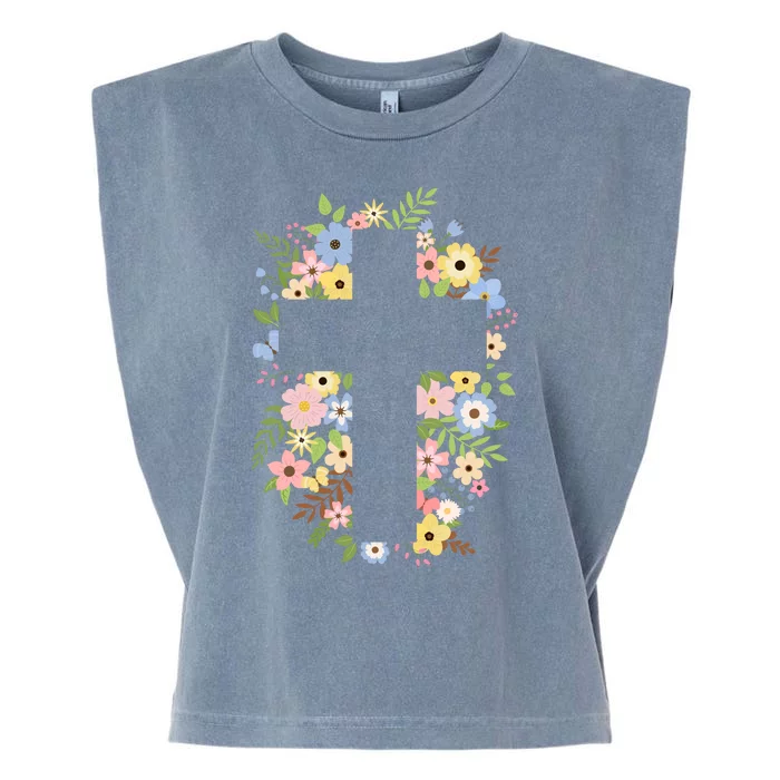 Floral Spring Cross Christianity Garment-Dyed Women's Muscle Tee