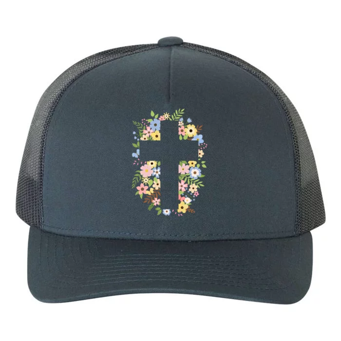 Floral Spring Cross Christianity Yupoong Adult 5-Panel Trucker Hat