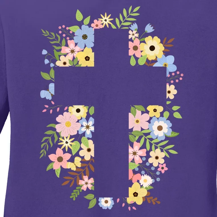 Floral Spring Cross Christianity Ladies Long Sleeve Shirt