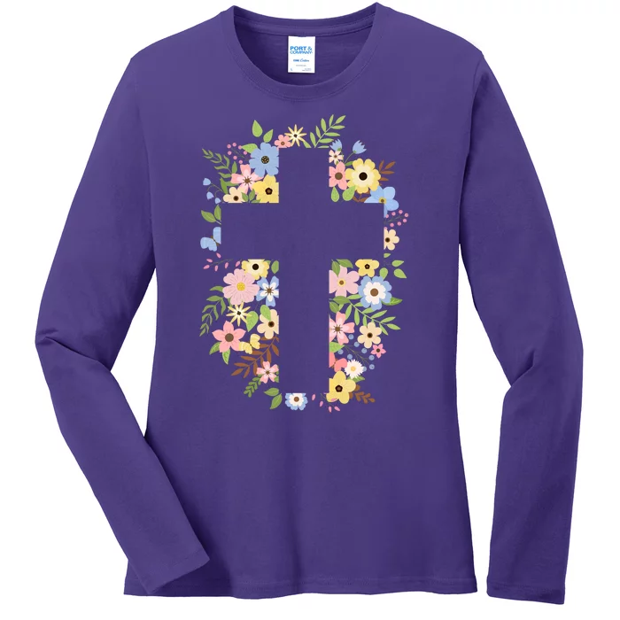 Floral Spring Cross Christianity Ladies Long Sleeve Shirt