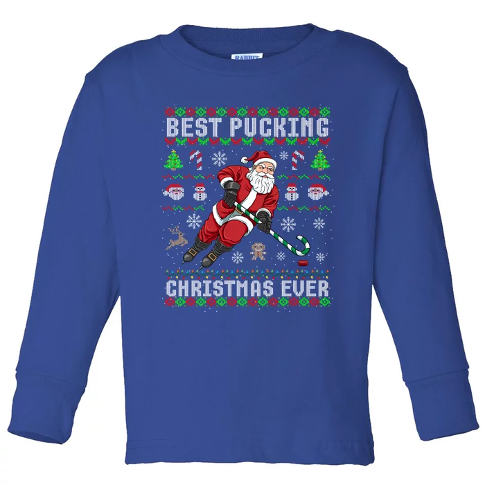 Funny Santa Claus Ugly Christmas Ice Hockey Best Pucking Gift Toddler Long Sleeve Shirt