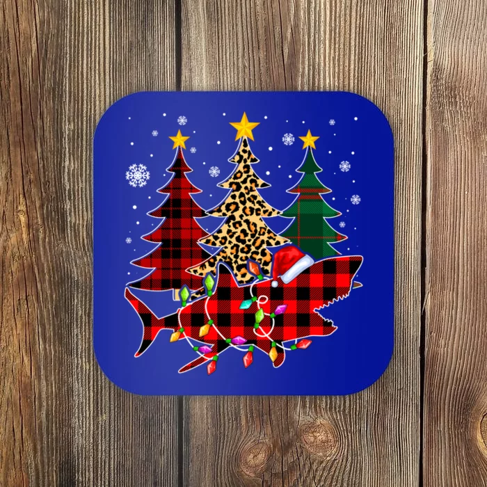 Funny Shark Christmas Tree Lights Xmas Plaid Santa Hat Gift Coaster