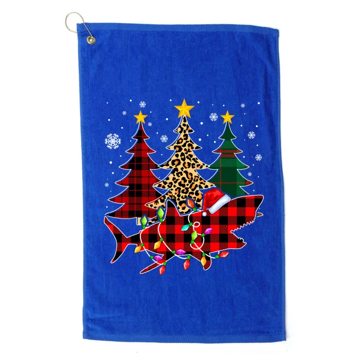 Funny Shark Christmas Tree Lights Xmas Plaid Santa Hat Gift Platinum Collection Golf Towel