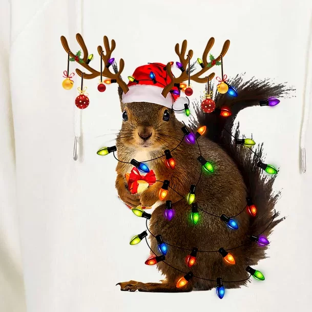 Funny Squirrel Christmas Tree Lights Reindeer Santa Hat Xmas Gift Womens Funnel Neck Pullover Hood