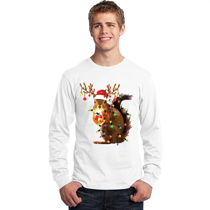 Funny Squirrel Christmas Tree Lights Reindeer Santa Hat Xmas Long Sleeve Shirt