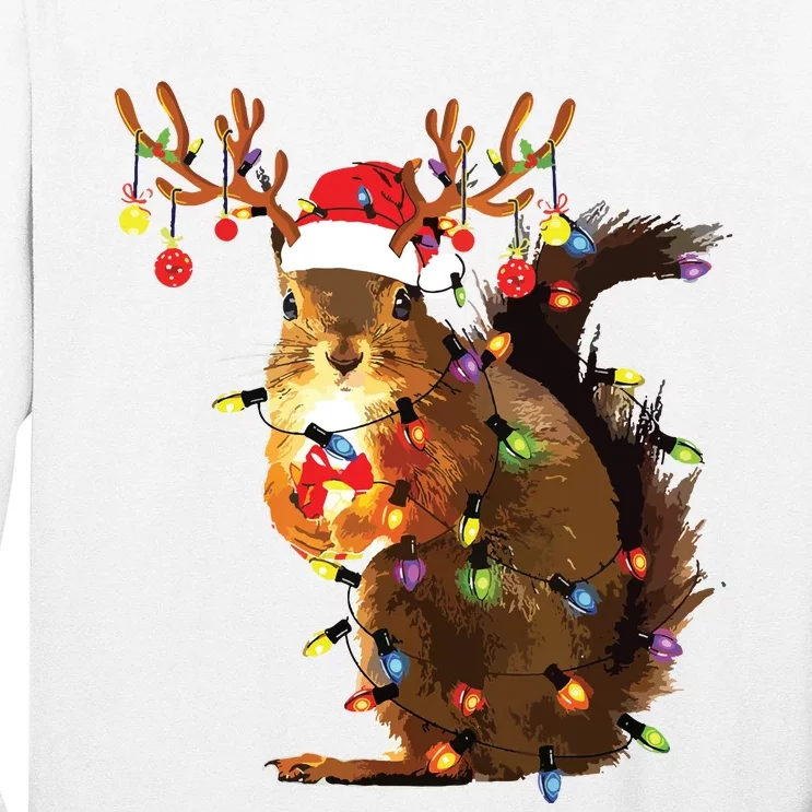 Funny Squirrel Christmas Tree Lights Reindeer Santa Hat Xmas Long Sleeve Shirt