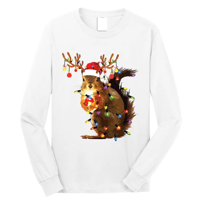 Funny Squirrel Christmas Tree Lights Reindeer Santa Hat Xmas Long Sleeve Shirt