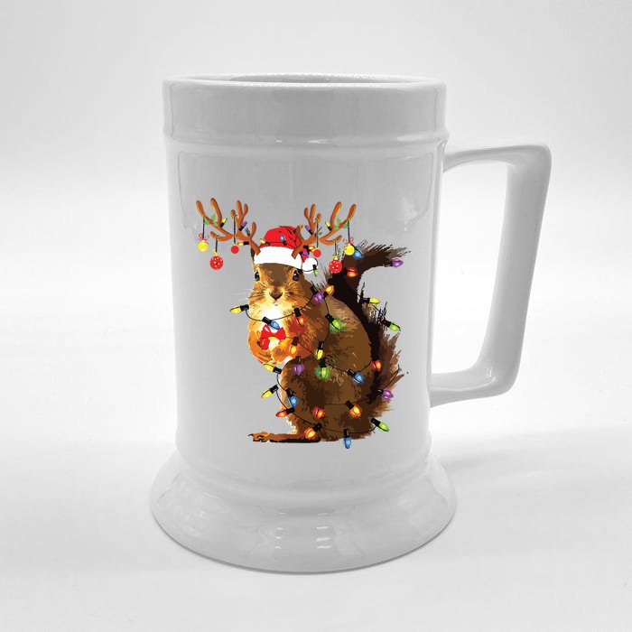 Funny Squirrel Christmas Tree Lights Reindeer Santa Hat Xmas Front & Back Beer Stein